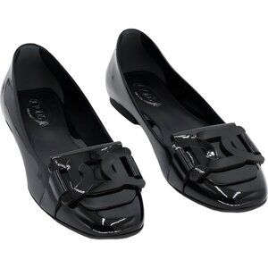 Tod's Gomma Patent Catena Loafer Flats Black Square Toe Women's EU 37
